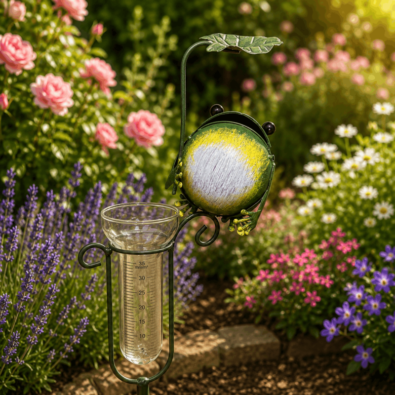 Decorative frog rain gauge with leaf