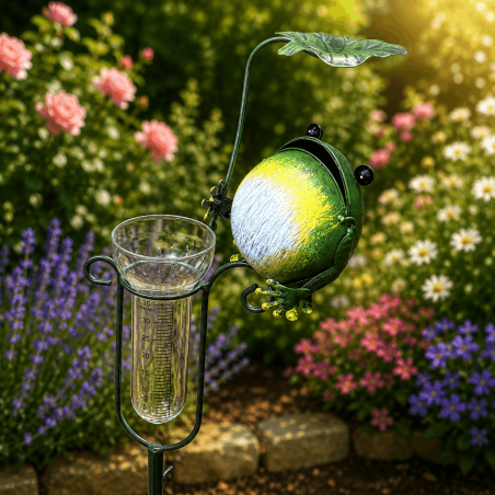 Decorative frog rain gauge with leaf – view of the frog