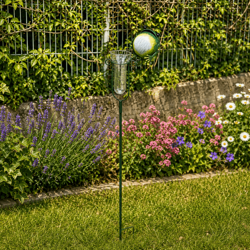 Decorative frog rain gauge with leaf – overview