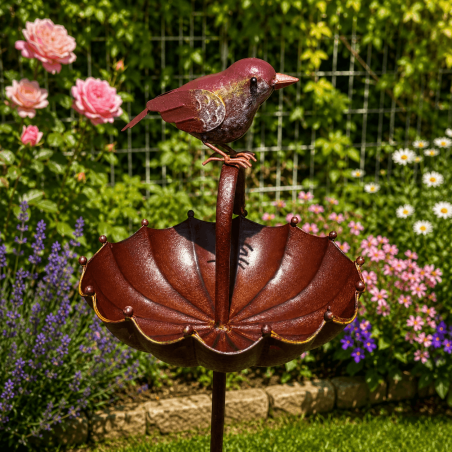 Abreuvoir mangeoire à oiseaux sur pic couleur rouille – Une escale pleine de charme au jardin