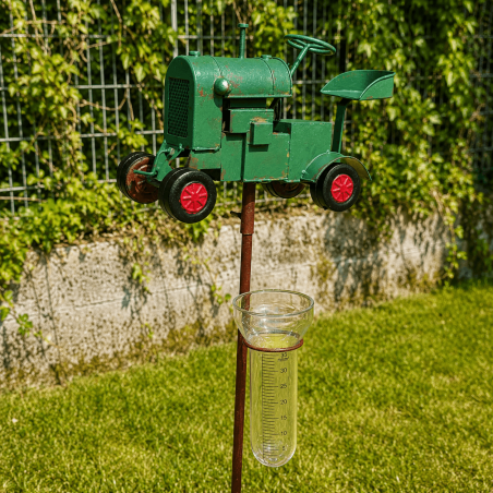 Decorative green tractor rain gauge