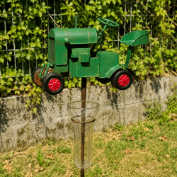 Decorative green tractor rain gauge – side view