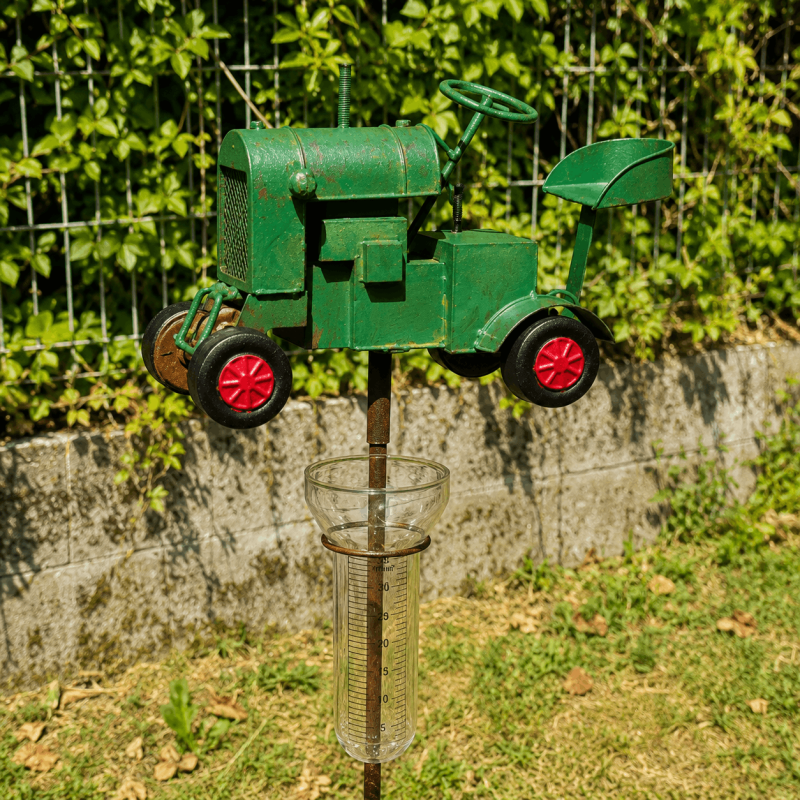 Decorative green tractor rain gauge – side view