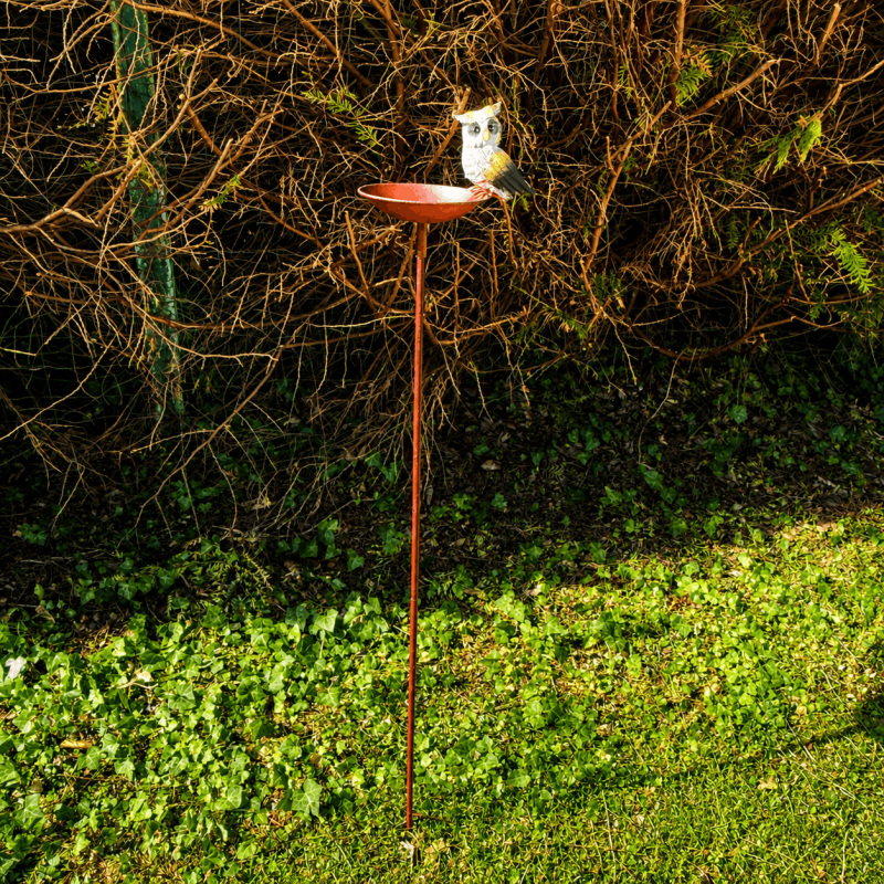 Bain d'oiseaux sur pied avec chouette – Abreuvoir décoratif en métal
