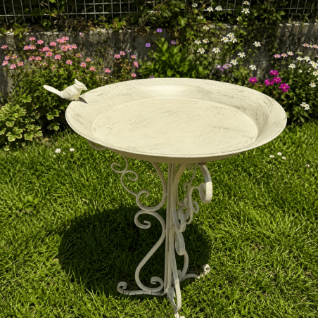 Bain d'oiseaux sur pied en métal patiné crème vieilli – Ø 42 cm