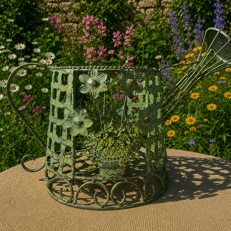 Decorative metal watering can plant holder