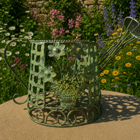 Decorative metal watering can plant holder