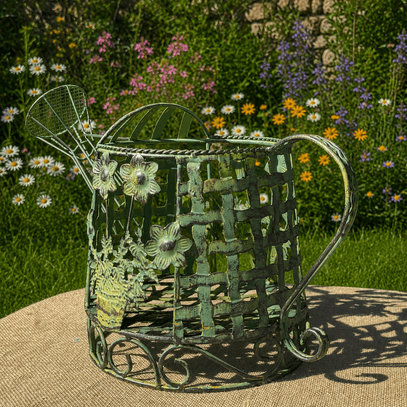Decorative metal watering-can plant holder – side view