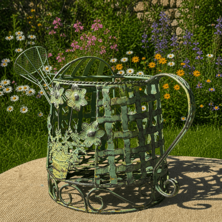 Decorative metal watering-can plant holder – side view