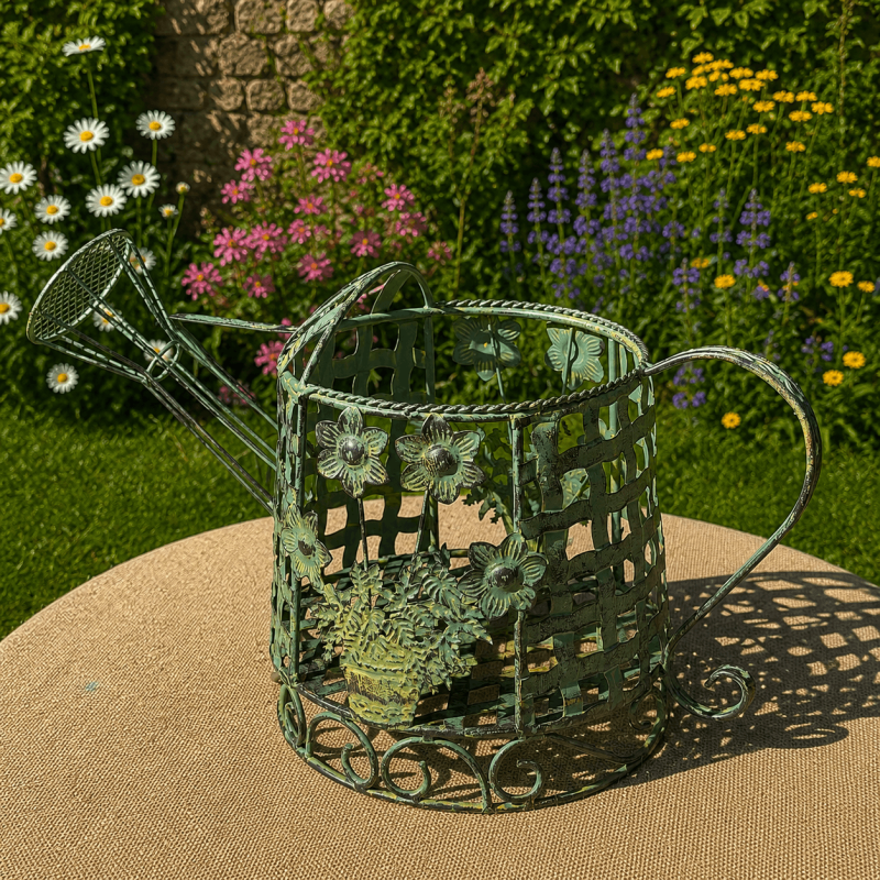 Decorative metal watering can plant holder – top view