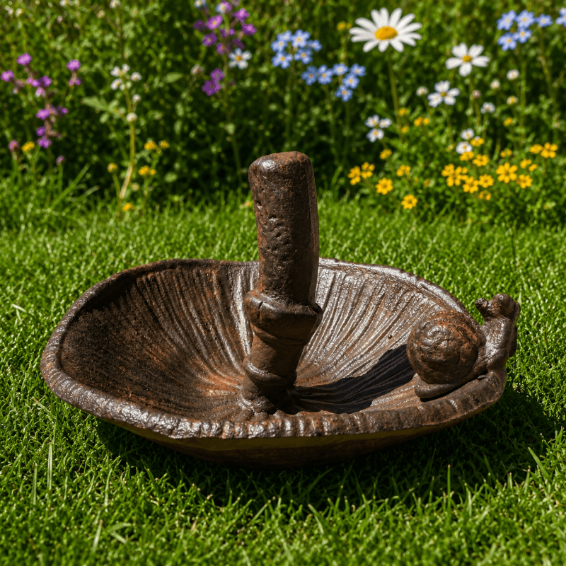 Petite mangeoire à oiseaux en fonte – Champignon retourné avec escargot – Ø 14 cm