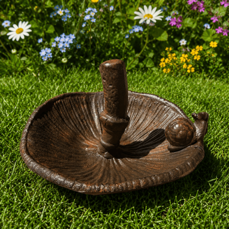 Petite mangeoire à oiseaux en fonte – Champignon retourné avec escargot – Ø 14 cm