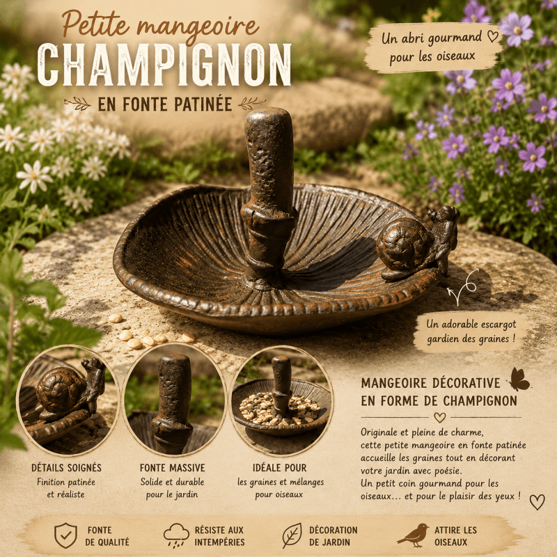 Petite mangeoire à oiseaux en fonte – Champignon retourné avec escargot – Ø 14 cm