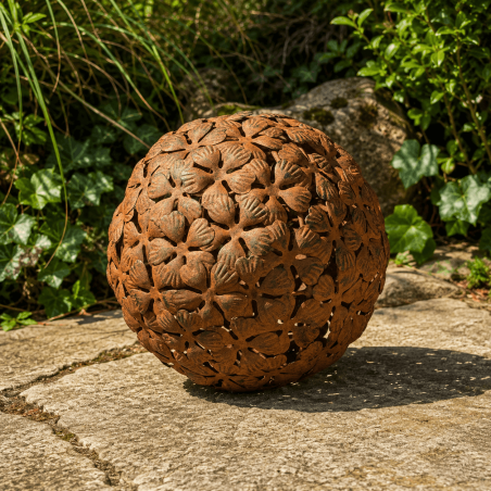 Large spherical metal sculpture with cutout flowers – Large model