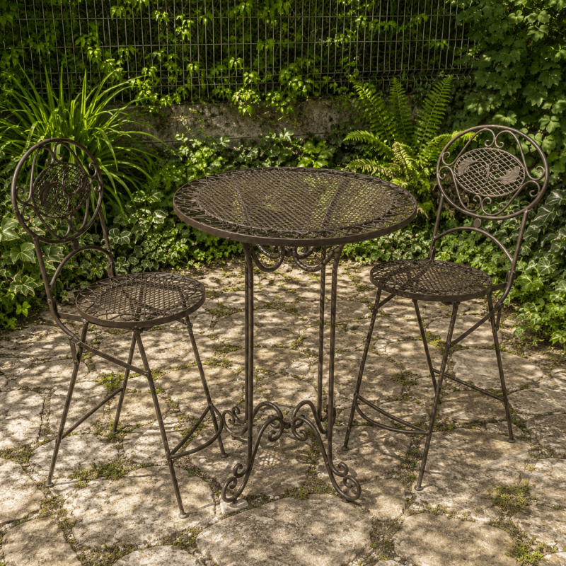 Wrought iron garden bar set – High table & 2 bistro-style chairs