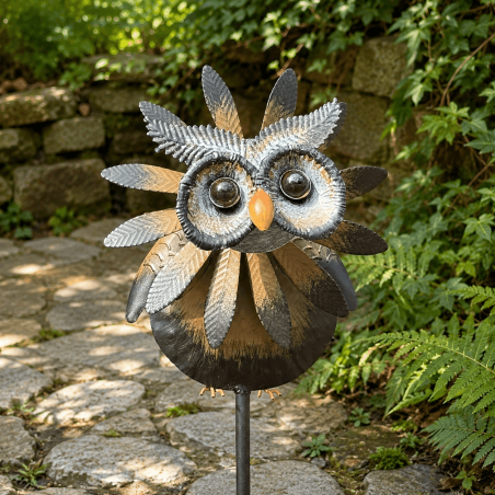 Éolienne chouette en métal – Moulin à vent de jardin à piquer
