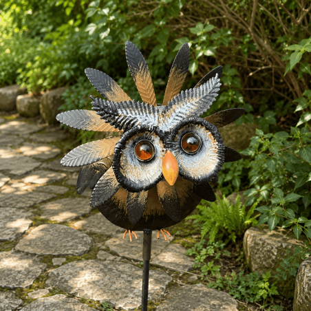 Éolienne chouette en métal – Moulin à vent de jardin à piquer