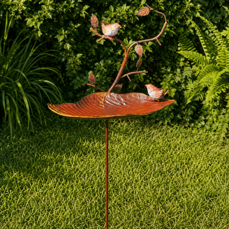 Bain d’oiseaux feuille en métal sur pic – Mangeoire et abreuvoir de jardin