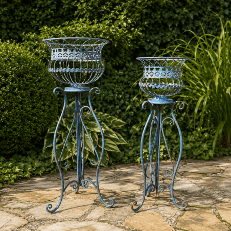 Porte-plante sur pied en métal patiné bleu – Support de pot de fleurs