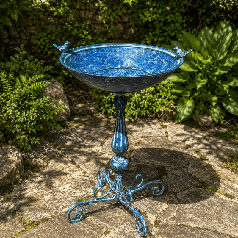 Bain d’oiseaux sur pied en métal bleu patiné – Grande baignoire à oiseaux