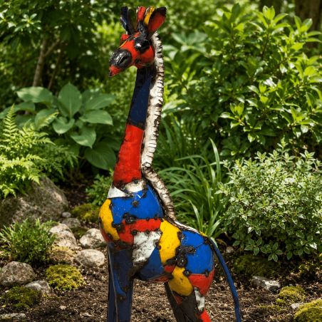 Statue de girafe en métal recyclé multicolore H120 x L52 cm – Sculpture safari extérieure