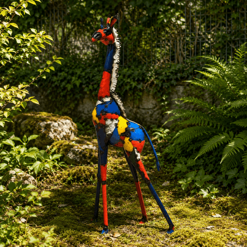 Statue de girafe en métal recyclé multicolore H120 x L52 cm – Sculpture safari extérieure