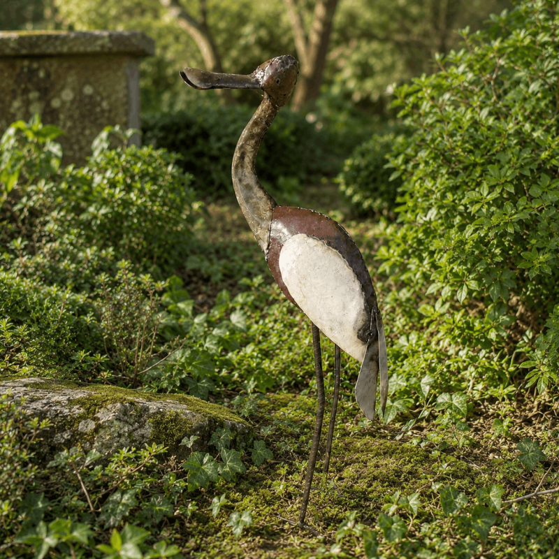Sculpture de grue en métal recyclé H80 cm – Statue d'oiseau décorative de jardin