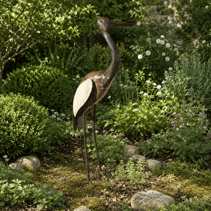Sculpture de grue en métal recyclé H80 cm – Statue d'oiseau décorative de jardin