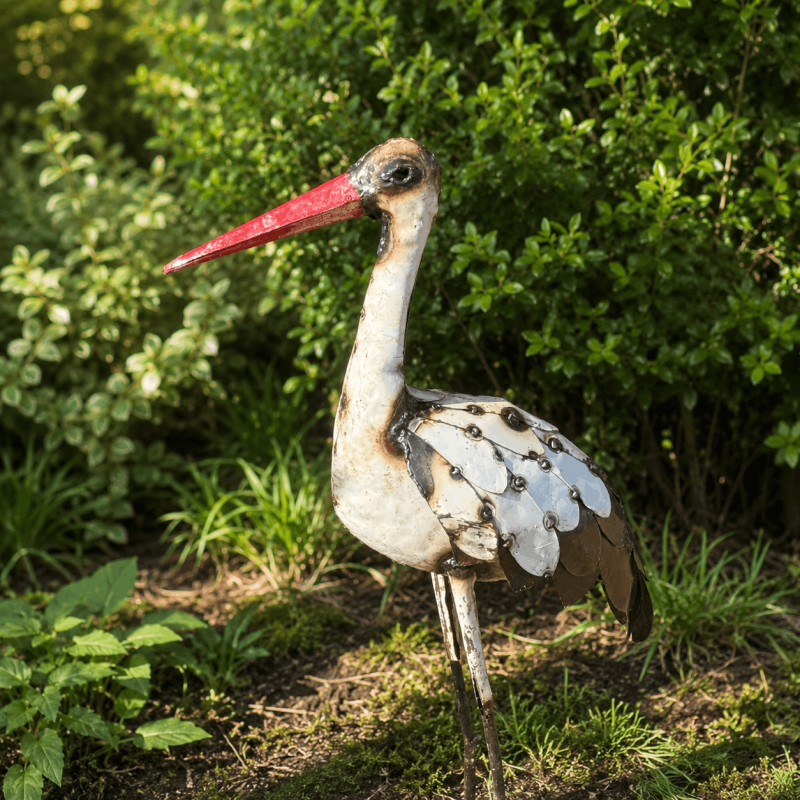 Cigogne en métal recyclé H98 cm – Sculpture décorative pour jardin et bassin