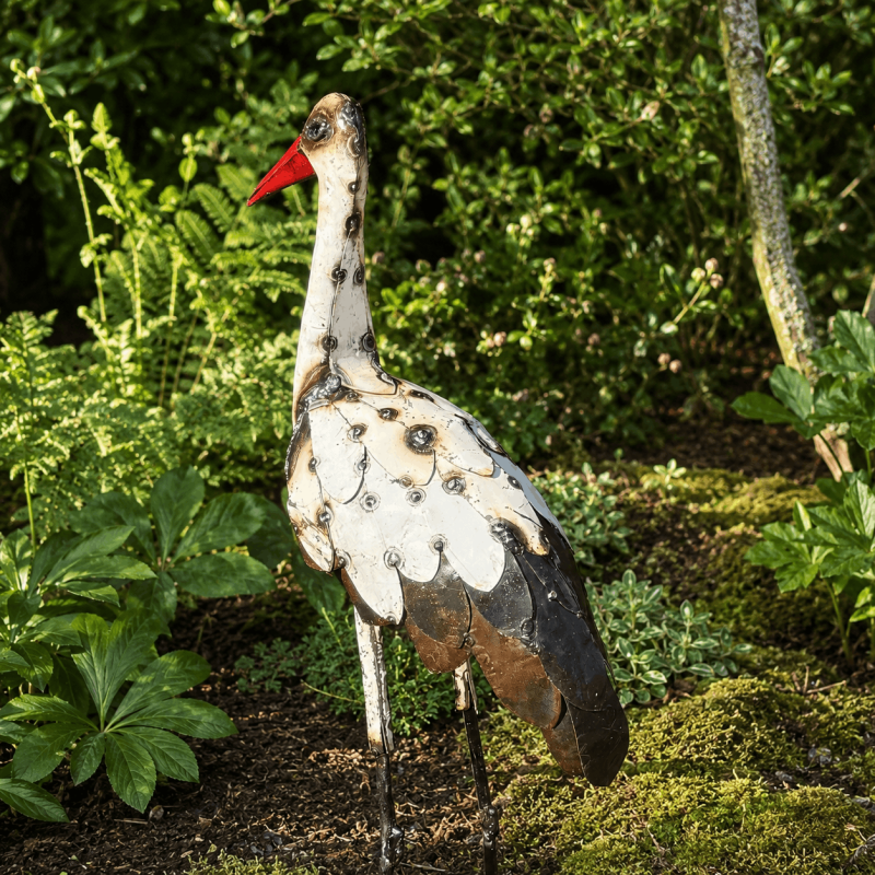 Cigogne en métal recyclé H98 cm – Sculpture décorative pour jardin et bassin