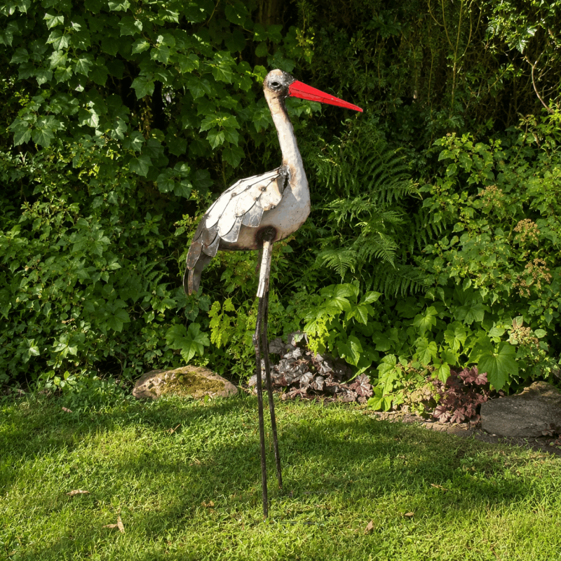 Cigogne en métal recyclé H98 cm – Sculpture décorative pour jardin et bassin