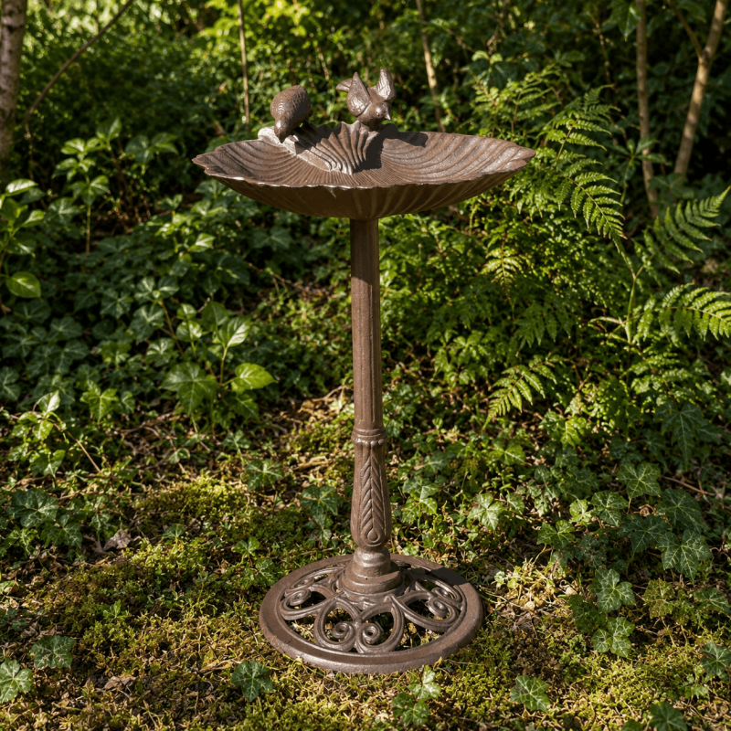Grand bain d’oiseaux en fonte feuille de ginkgo H81 x Ø48 cm avec deux oiseaux