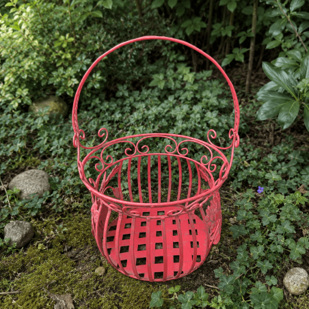 Patinated red metal flower pot holder basket with flowers – front view of the large one