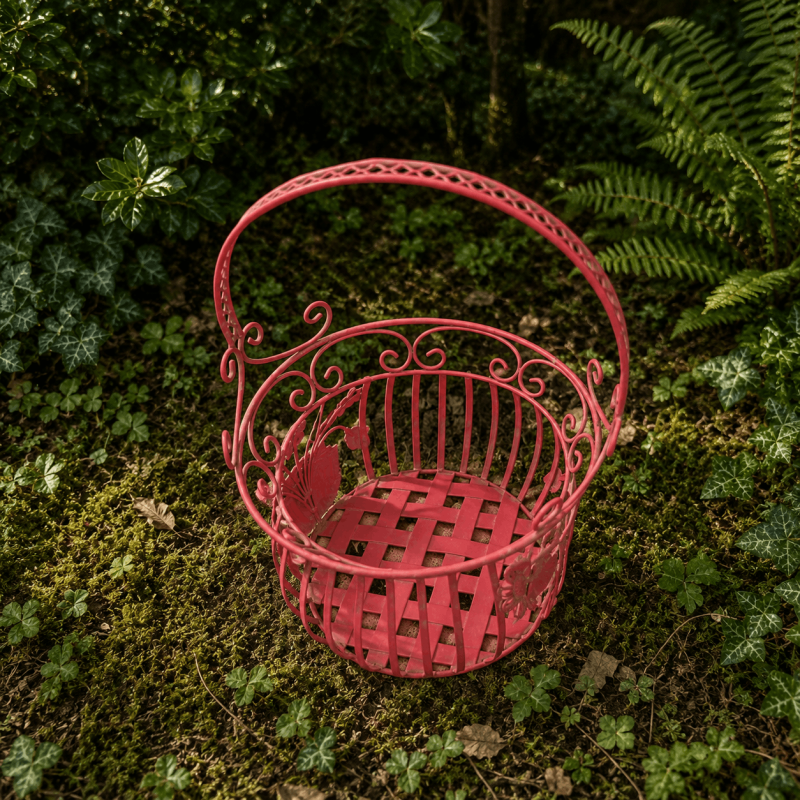 Weathered red metal flower pot holder basket with flowers – top view of the large one