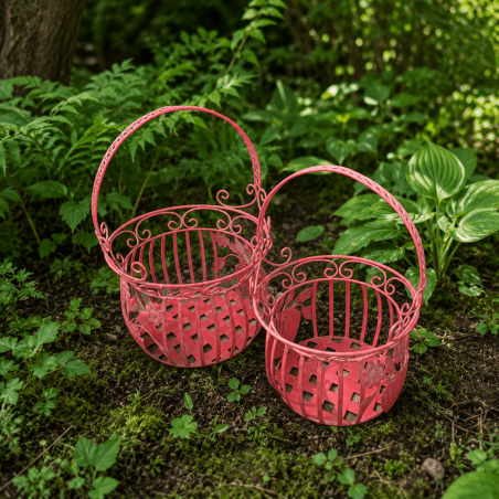 Patinated red metal flower pot holder basket - front view of both baskets