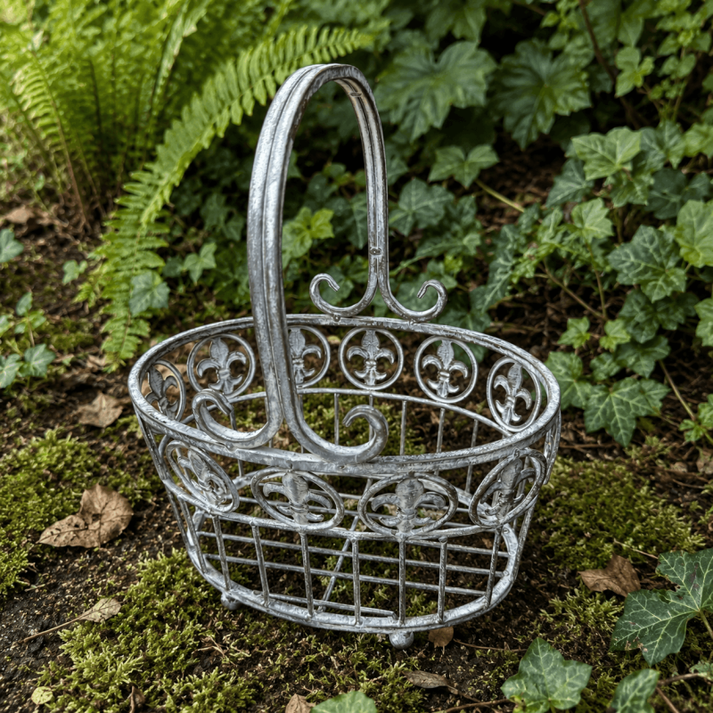 Oval fleur-de-lis pot holder basket in distressed gray metal – front view of the small one
