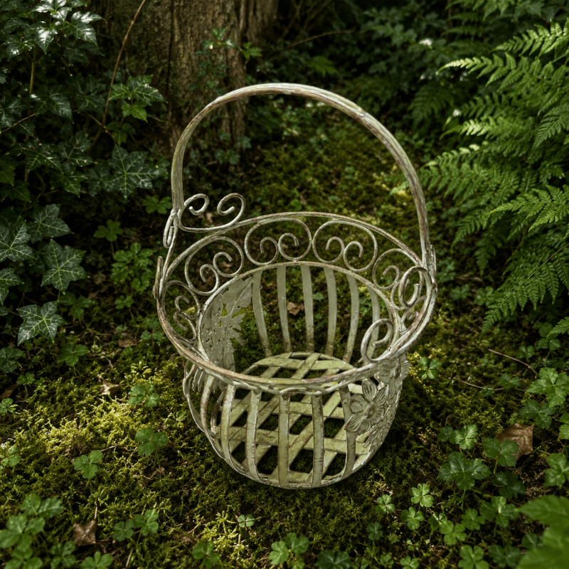 Sage green metal pot holder basket – top view of the small one