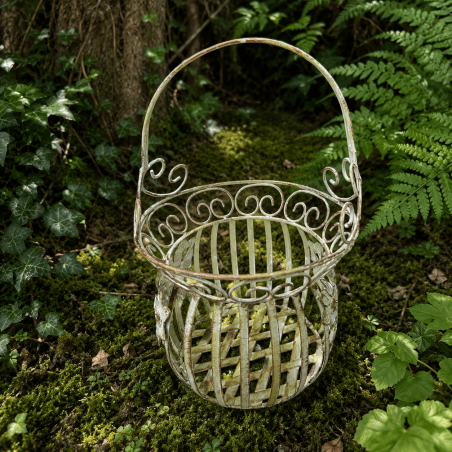 Sage green metal pot holder basket – front view of the small one