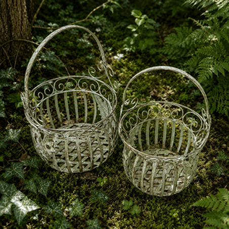 Sage green metal pot holder basket – front view of both baskets
