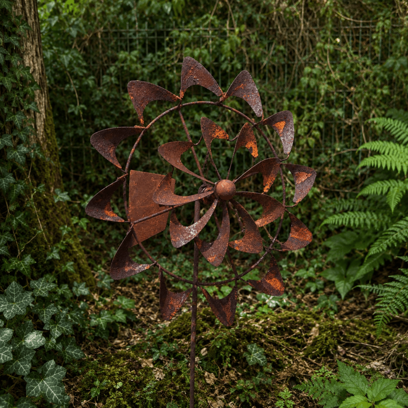 Éolienne girouette de jardin en métal finition rouille H205 x L49 cm – Double hélice Ø57 et Ø30 cm