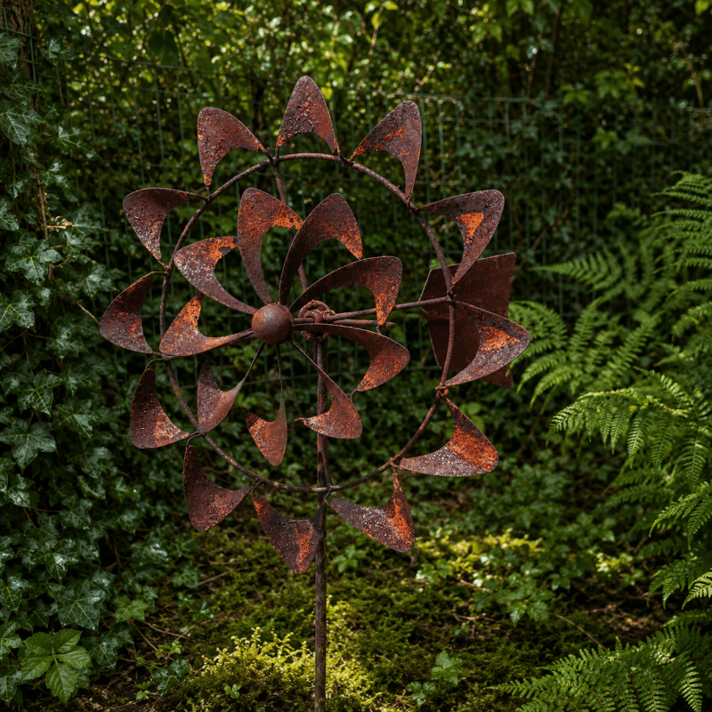 Éolienne girouette de jardin en métal finition rouille H205 x L49 cm – Double hélice Ø57 et Ø30 cm