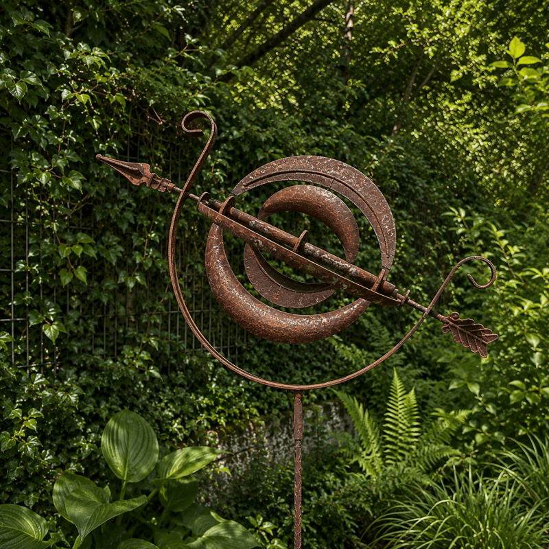 Éolienne décorative de jardin sphère armillaire en métal finition rouille – H212 x L68 cm, Ø100 cm