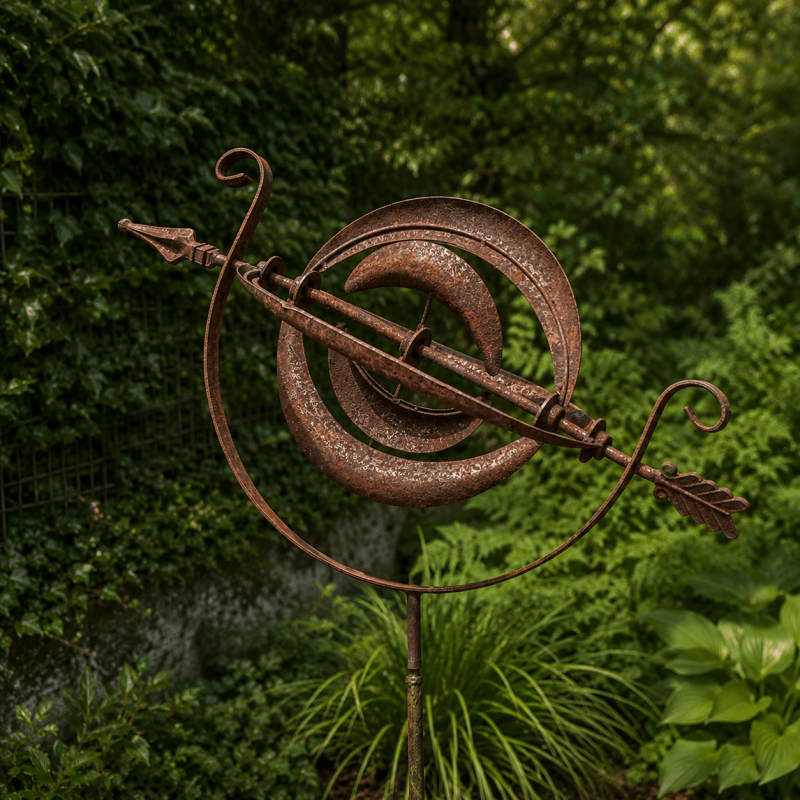Éolienne décorative de jardin sphère armillaire en métal finition rouille – H212 x L68 cm, Ø100 cm