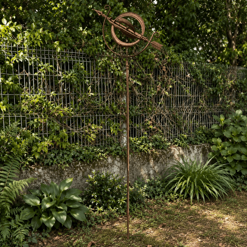 Éolienne décorative de jardin sphère armillaire en métal finition rouille – H212 x L68 cm, Ø100 cm