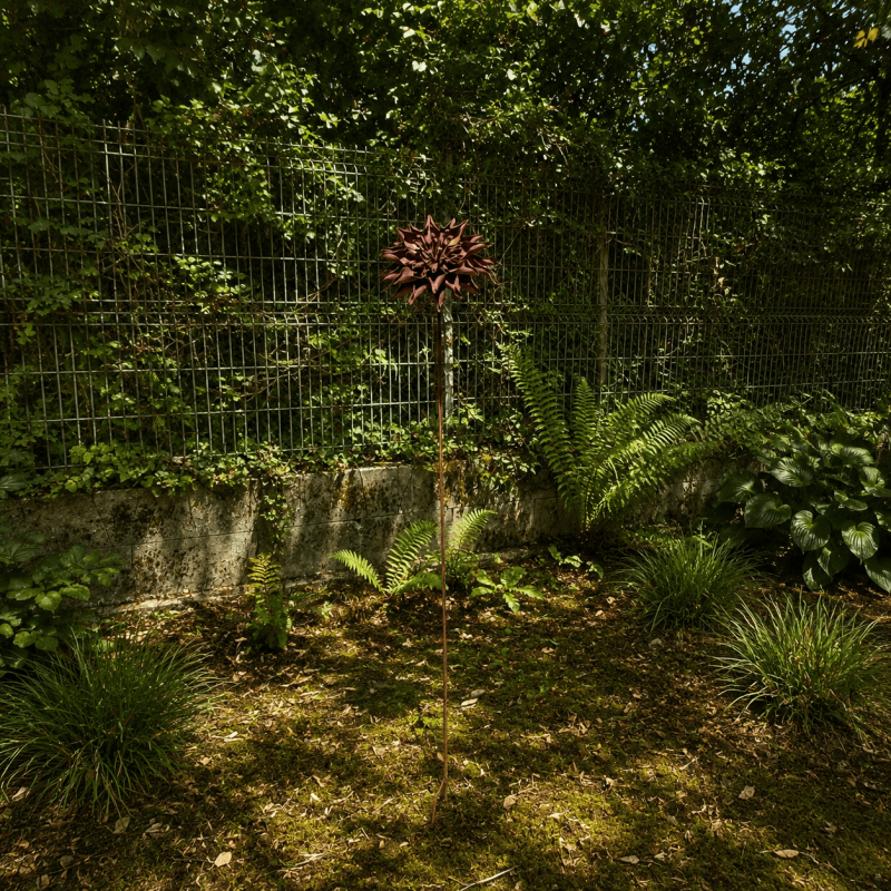 Rust-colored metal dahlia on a stake – overall view