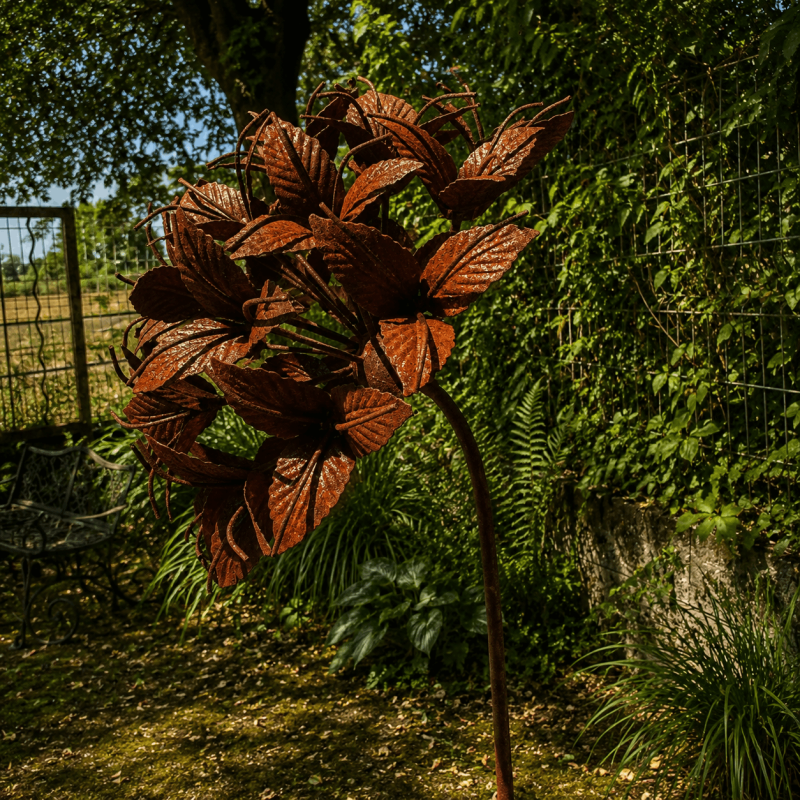 Rust-colored metal flower on a stake – side view