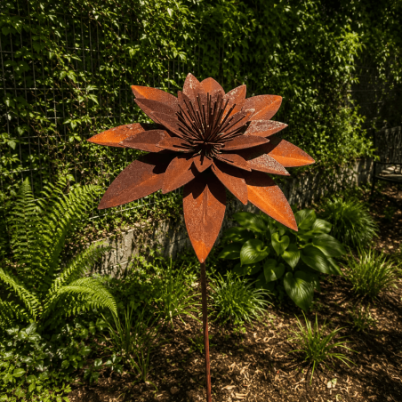 Rusty metal lotus flower on a stake