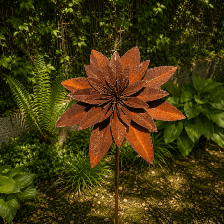 Rusty metal lotus flower on a stake