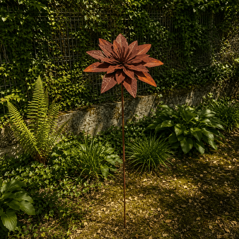 Rusty metal lotus flower on a stake – overall view