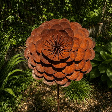 Rust-colored metal rose on a stake